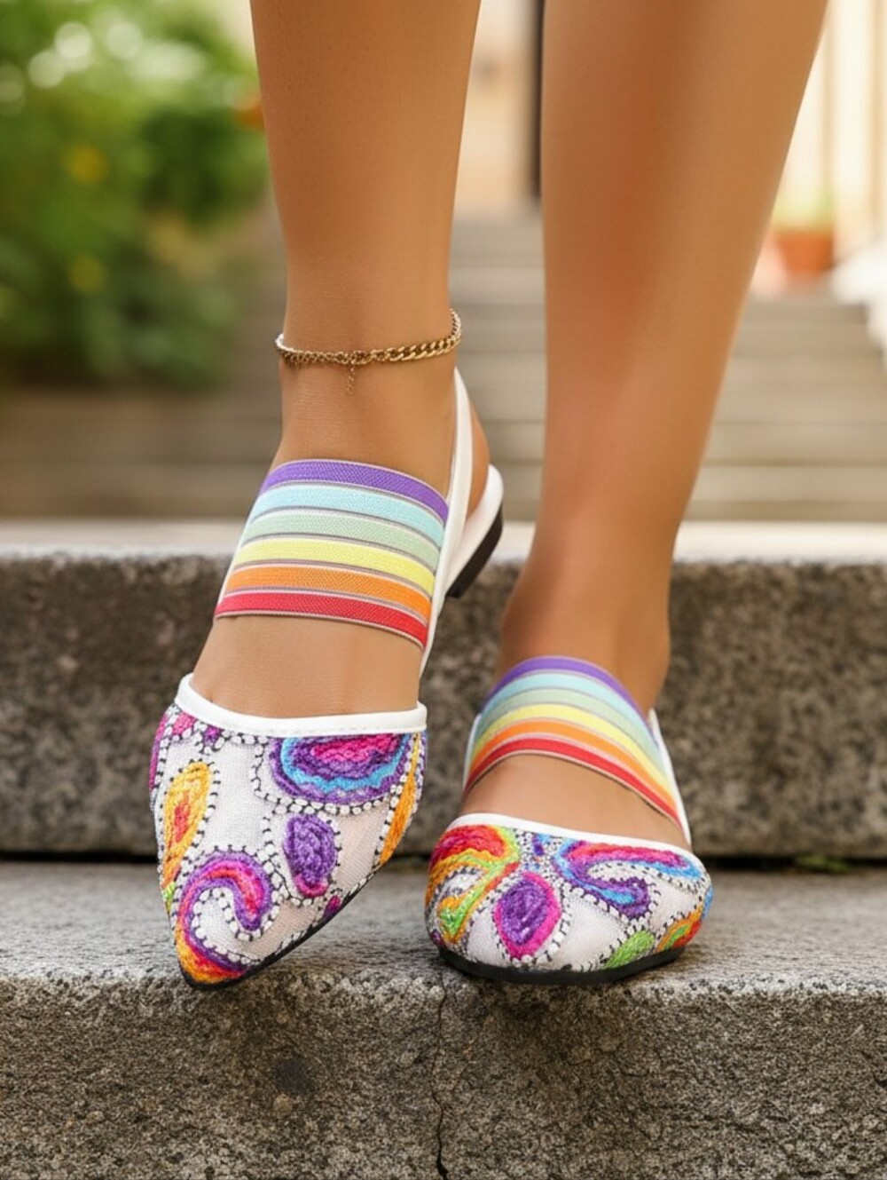 Embroidered Artsey Shoes Rainbow Contrast Elastic Top Point Toe Slingback Sandal